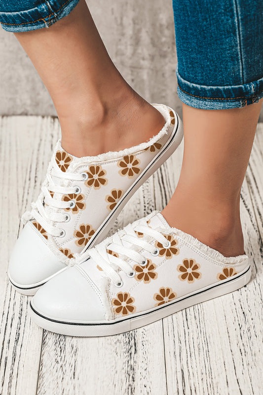 White Flower Print Raw Hem Slip On Canvas Shoes Slippers JT's Designer Fashion