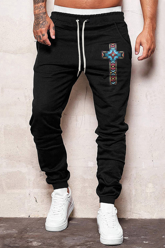 Black Western Pattern Cross Print Drawstring Men's Pants Black 65%涤纶+35%棉 Men's Pants JT's Designer Fashion