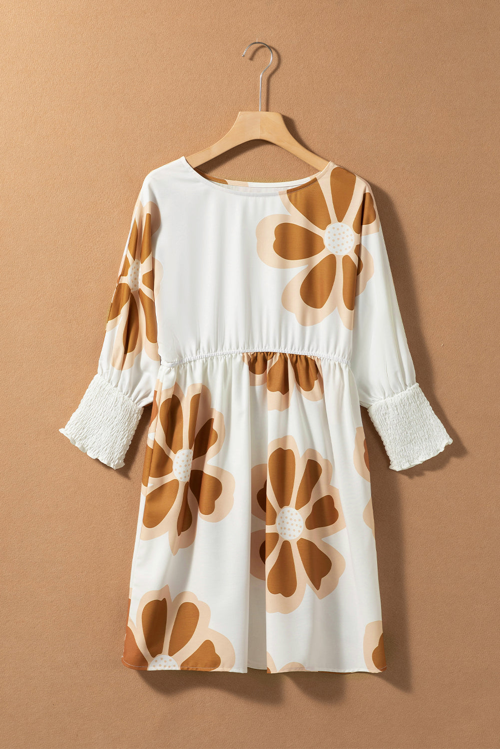 Brown Big Flower Print 3/4 Sleeve Short Dress Floral Dresses JT's Designer Fashion