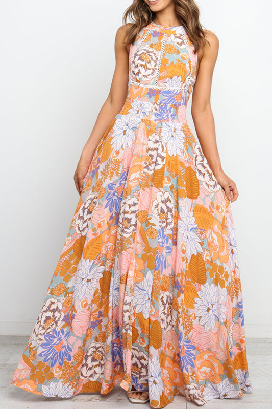 Orange Boho Floral Backless Lace up Sleeveless Maxi Dress Pre Order Dresses JT's Designer Fashion