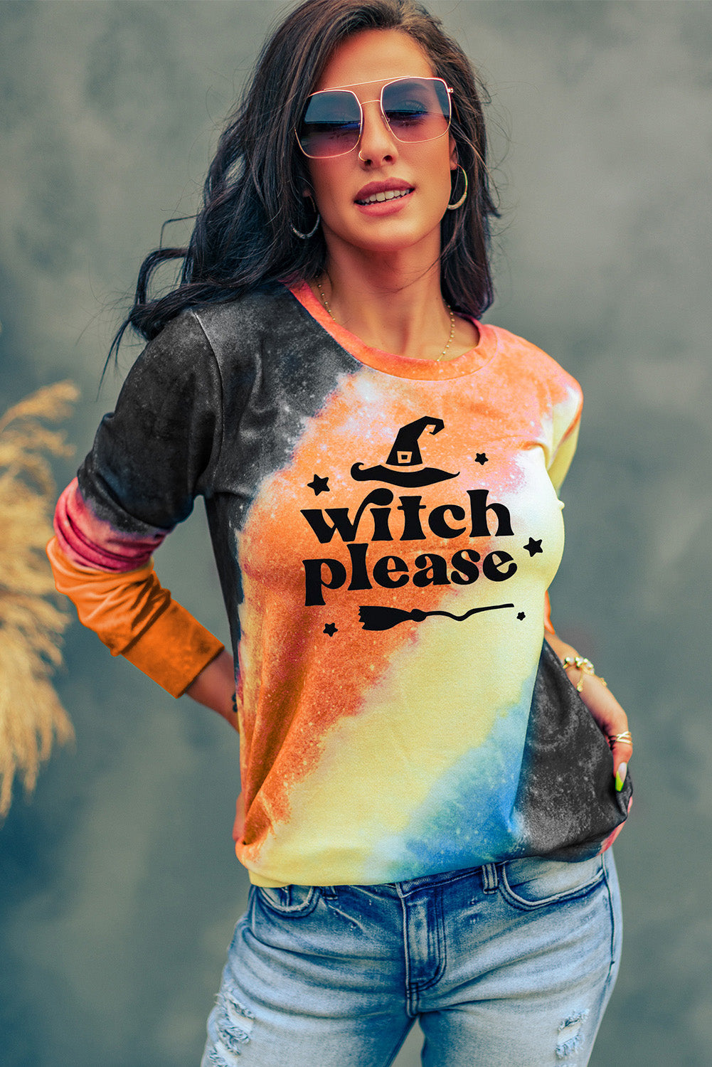 Orange Witch Please Tie Dye Graphic Print Pullover Sweatshirt Graphic Sweatshirts JT's Designer Fashion