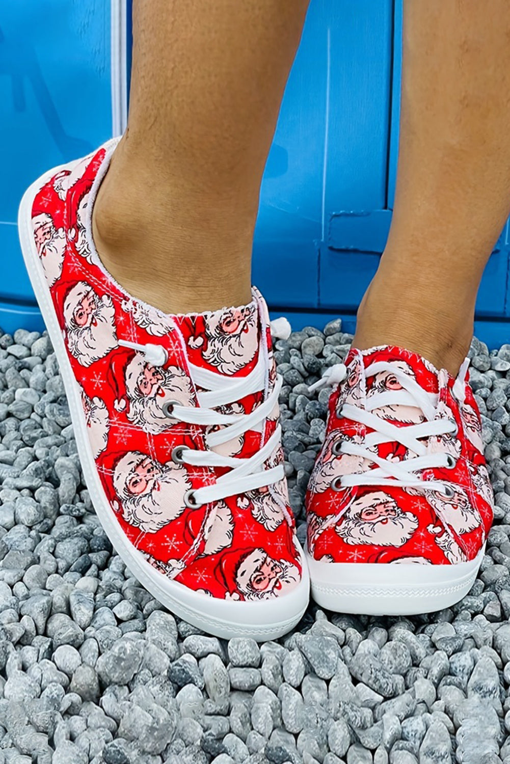 Fiery Red Santa Claus Printed Stitching Detail Flat Shoes Women's Shoes JT's Designer Fashion