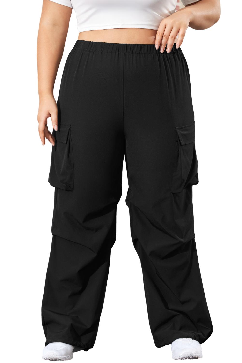 Black Plus Size Flap Pocket Elastic Waist Cargo Pants Plus Size Bottoms JT's Designer Fashion