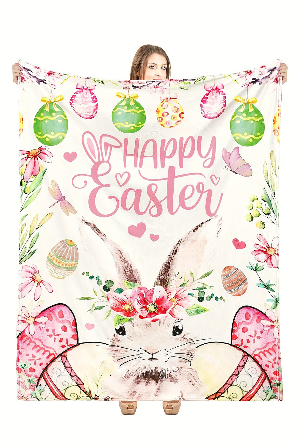 White Happy Easter Bunny Eggs Print Blanket 130*150cm Other Accessories JT's Designer Fashion