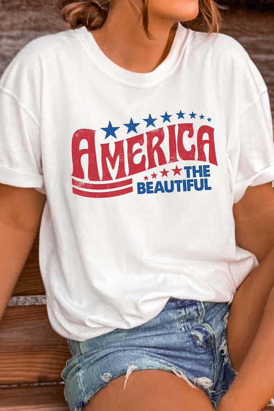 White AMERICA THE BEAUTIFUL Patriotic Graphic T Shirt Graphic Tees JT's Designer Fashion