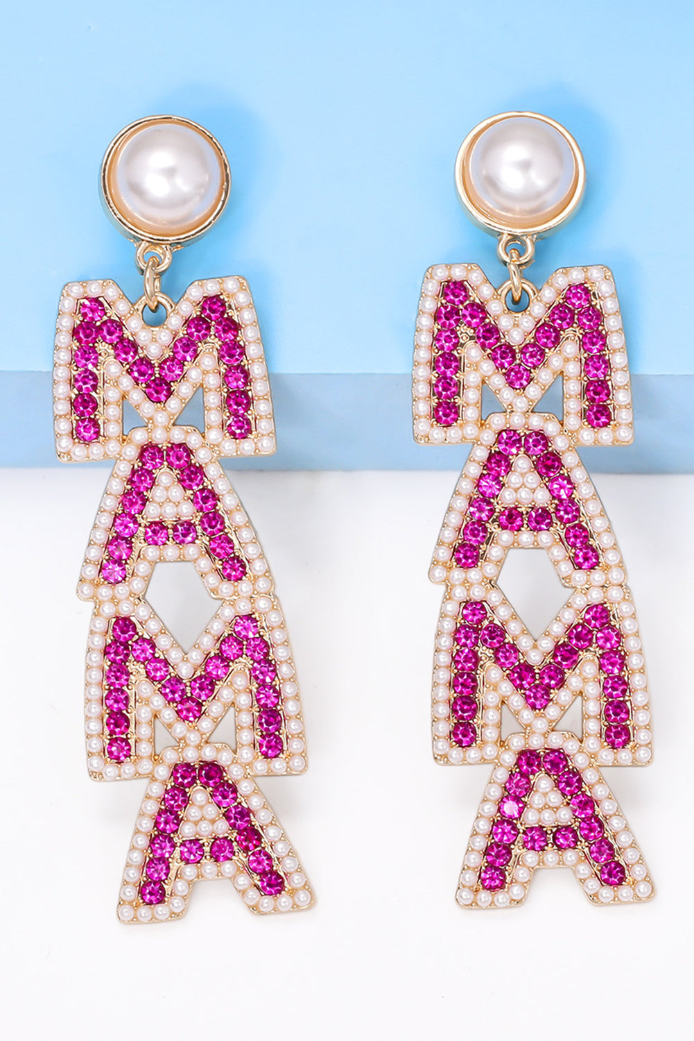 Rose Red MAMA Rhinestone Pearl Dangle Stud Earrings Jewelry JT's Designer Fashion
