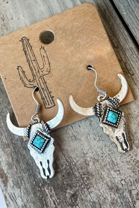 Silver Turquoise Bull Head Western Fashion Earrings Jewelry JT's Designer Fashion