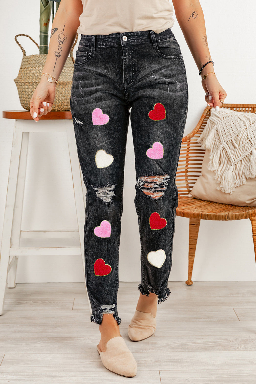 Black Chenille Heart Patched Ripped Vintage Washed Jeans Graphic Pants JT's Designer Fashion