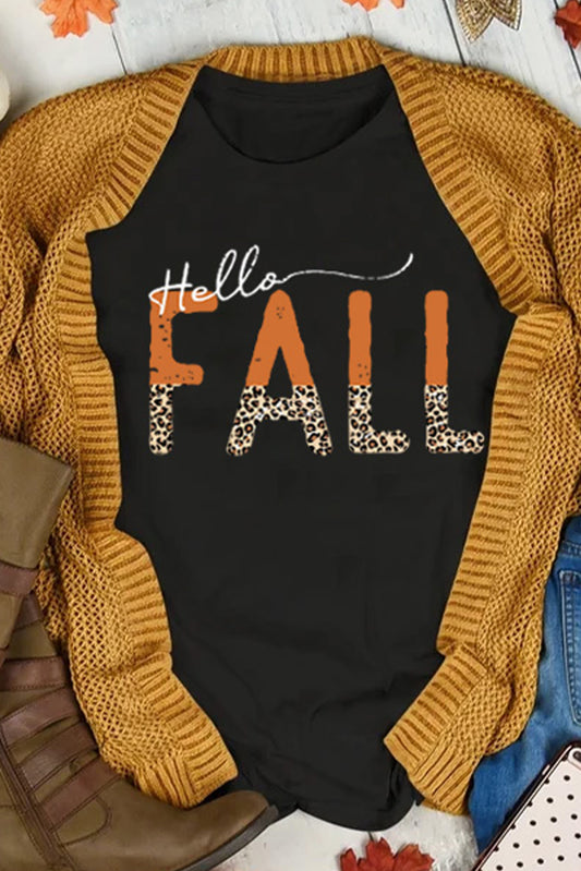 Black Hello Fall Leopard Fun Graphic T Shirt Black 95%Polyester+5%Elastane Graphic Tees JT's Designer Fashion
