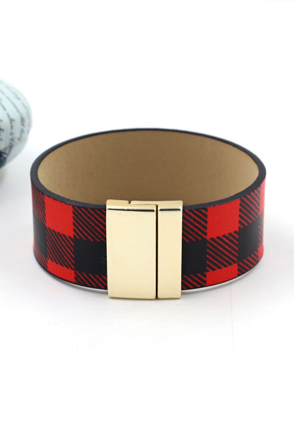 Red Plaid PU Leather Wide Bracelet 19.5cm Jewelry JT's Designer Fashion