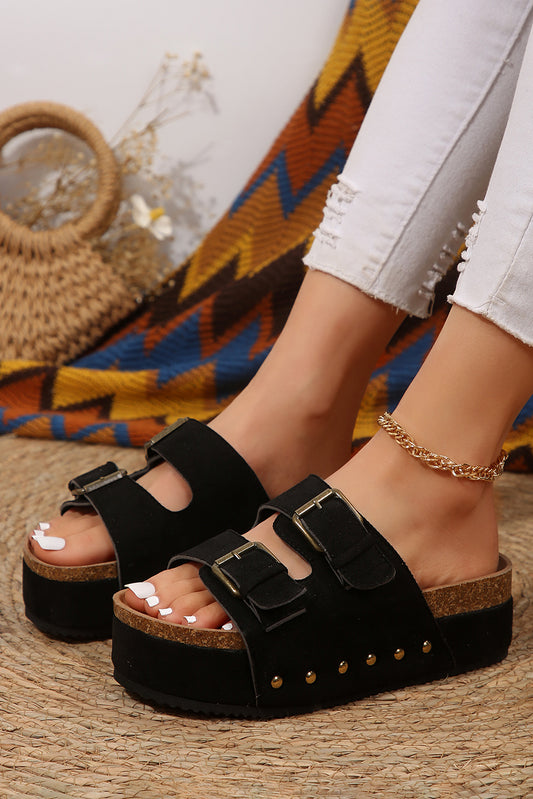 Black Suede Buckle Decor Footbed Sandal Slippers Slippers JT's Designer Fashion