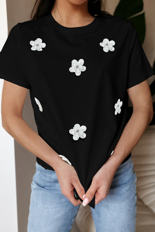 Black Flower Applique Round Neck T-shirt