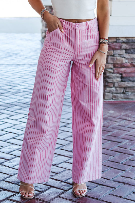 Pink Stripe Loose Straight Leg Casual Pants Pre Order Bottoms JT's Designer Fashion