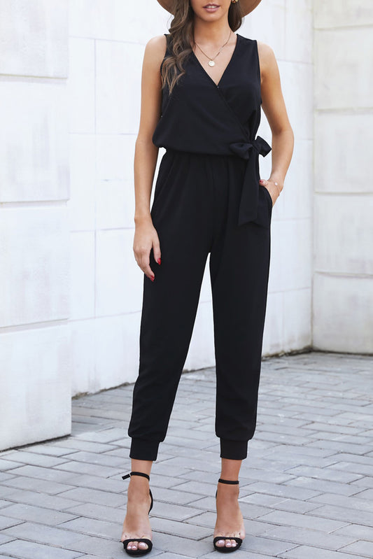 Black Deep V-neck Sleeveless Solid Jumpsuit Black 95%Polyester+5%Spandex Jumpsuits & Rompers JT's Designer Fashion