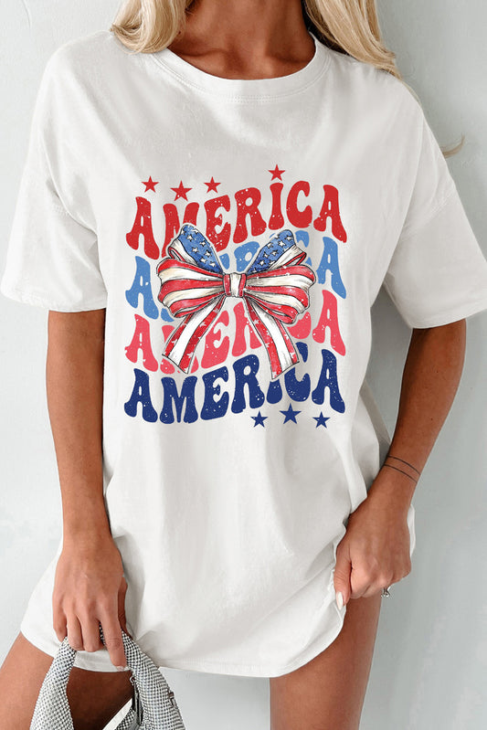 White AMERICA Star and Striped Bow Knot Graphic Tee Graphic Tees JT's Designer Fashion