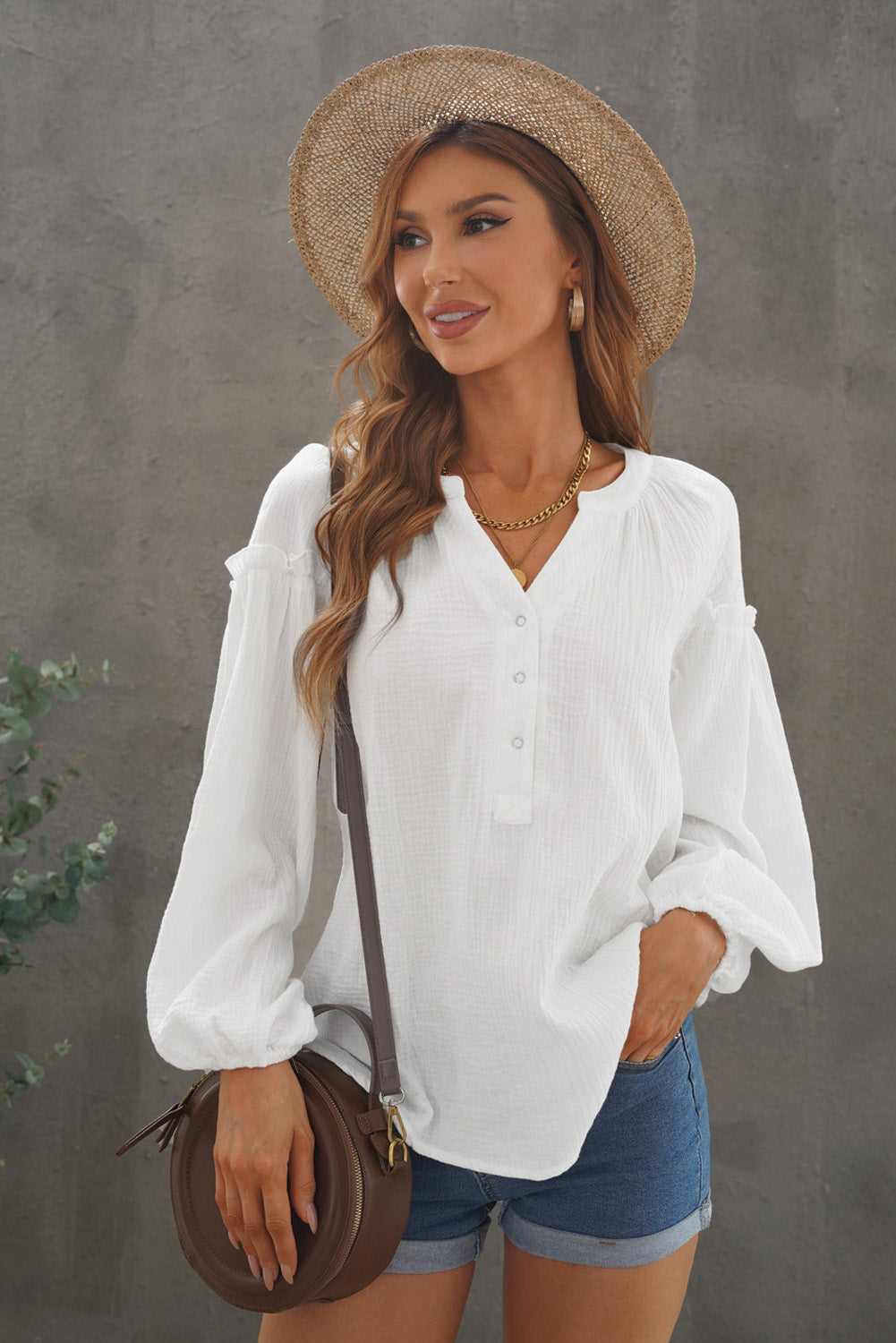 White Casual Balloon Sleeve Crinkled Top Long Sleeve Tops JT's Designer Fashion