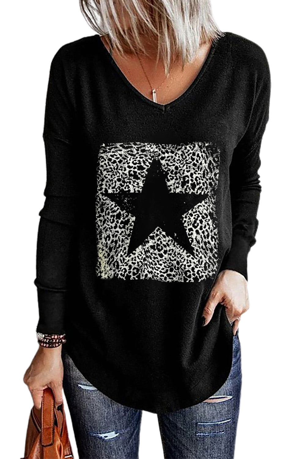 Black Star Print V Neck Long Sleeve Top Graphic Sweatshirts JT's Designer Fashion