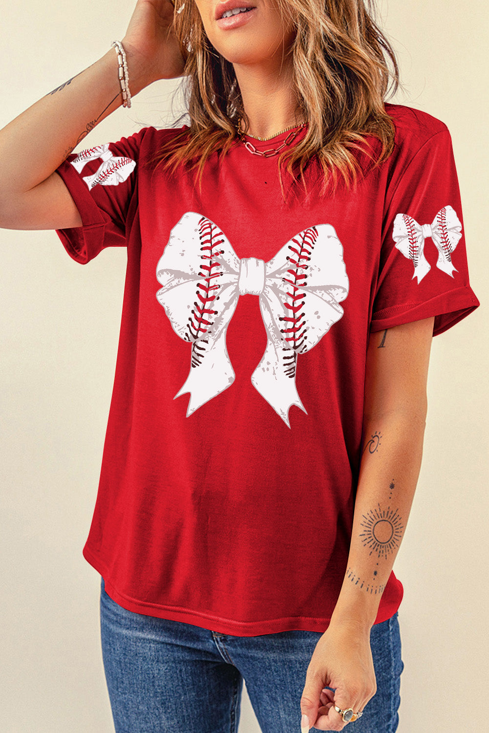Red Baseball Bowknot Graphic Relaxed T Shirt Graphic Tees JT's Designer Fashion