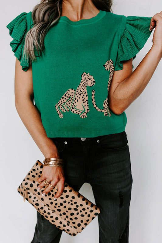 Green Leopard Ruffled Sleeve Round Neck Knit Sweater Sweaters & Cardigans JT's Designer Fashion