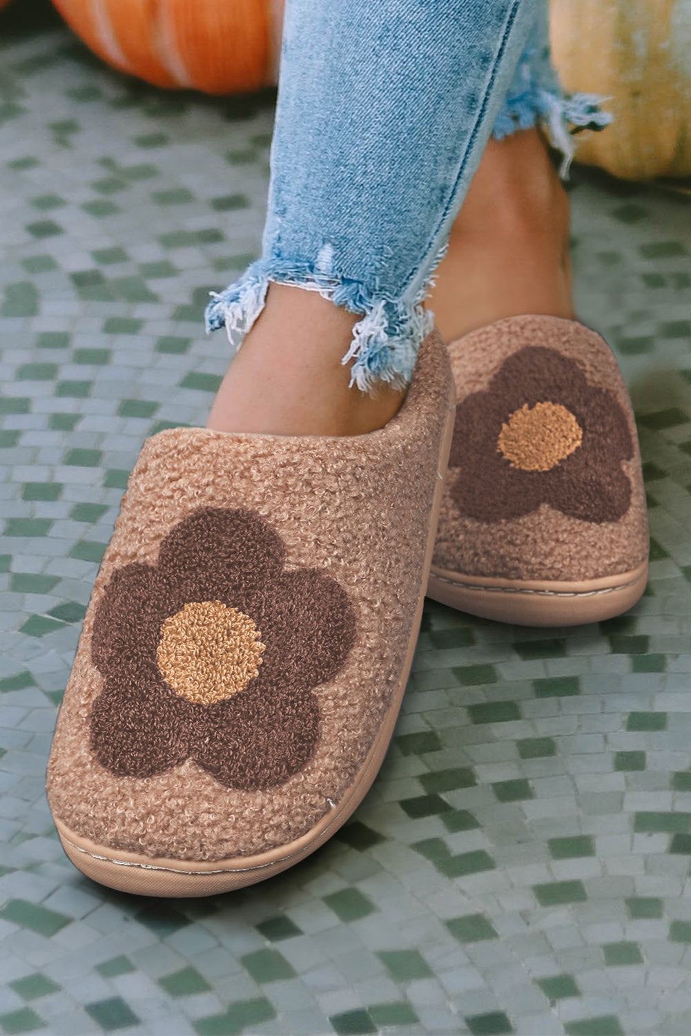 Camel Fuzzy Flower Pattern Homewear Slippers Slippers JT's Designer Fashion