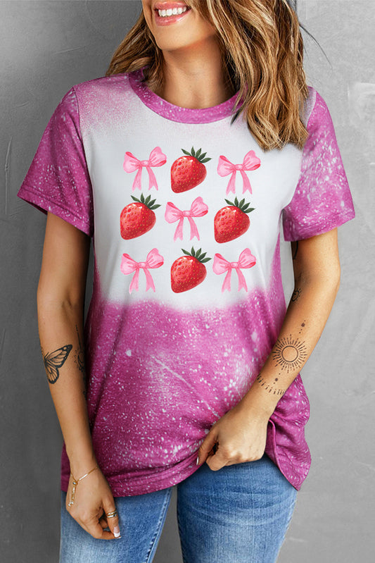 Rose Strawberry Bow Knot Bleach Print O Neck Casual Tee Graphic Tees JT's Designer Fashion