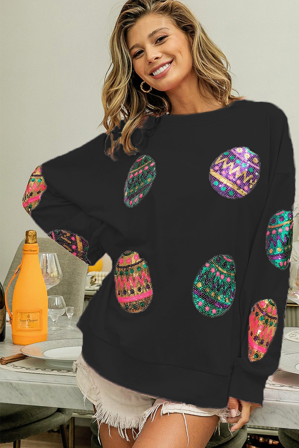 Black Sequined Easter Egg Drop Shoulder Oversized Sweatshirt Sweatshirts & Hoodies JT's Designer Fashion
