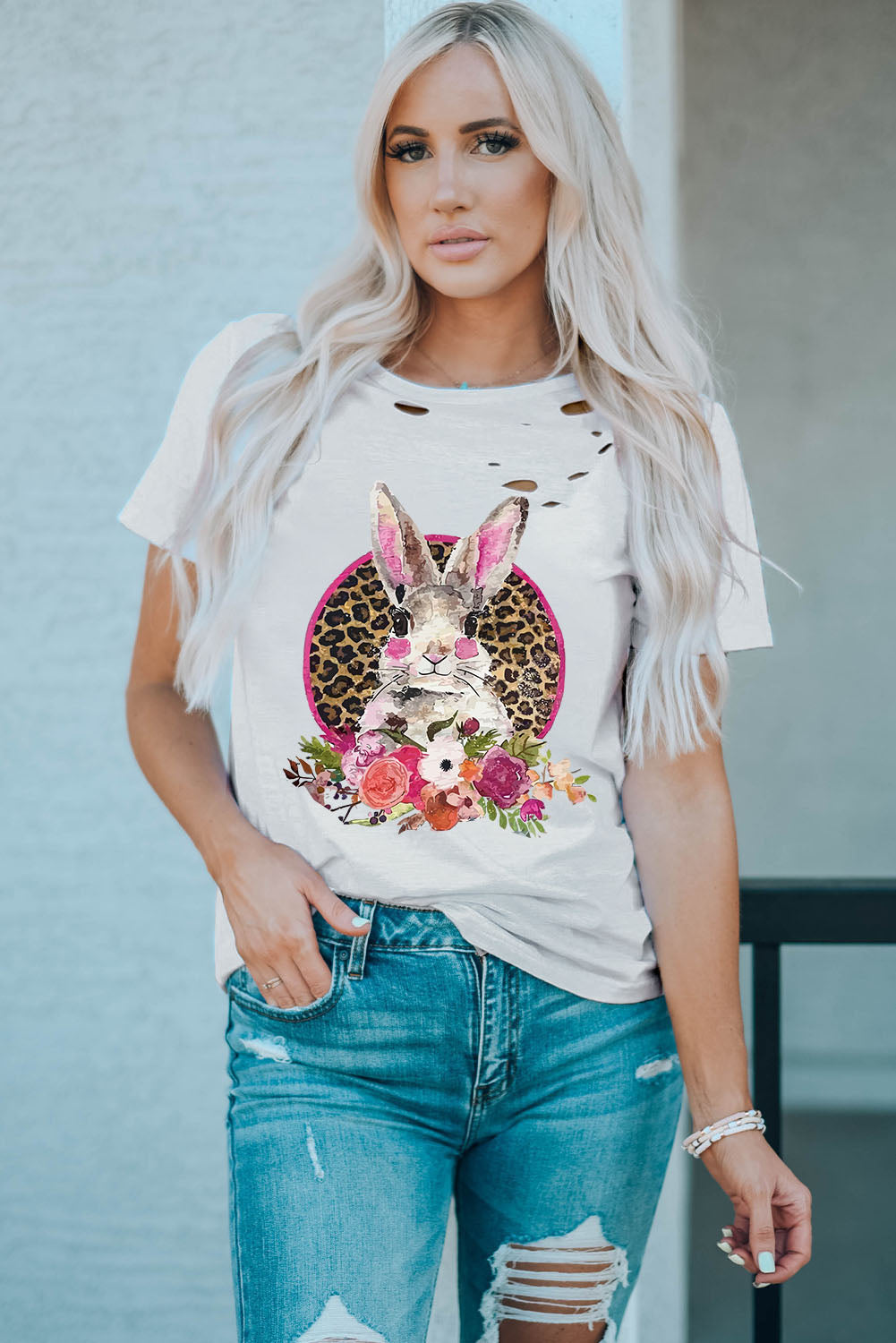 White Easter Bunny Floral Leopard Graphic Distressed T Shirt Graphic Tees JT's Designer Fashion