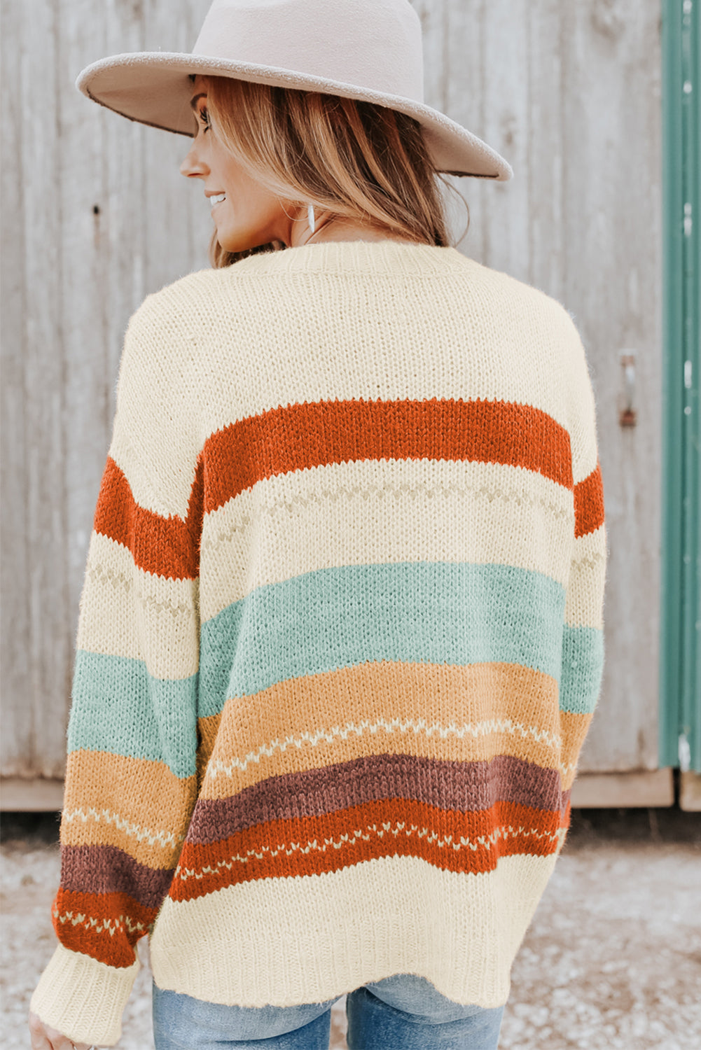 Crew Neck Drop-shoulder Striped Color Block Sweater Sweaters & Cardigans JT's Designer Fashion