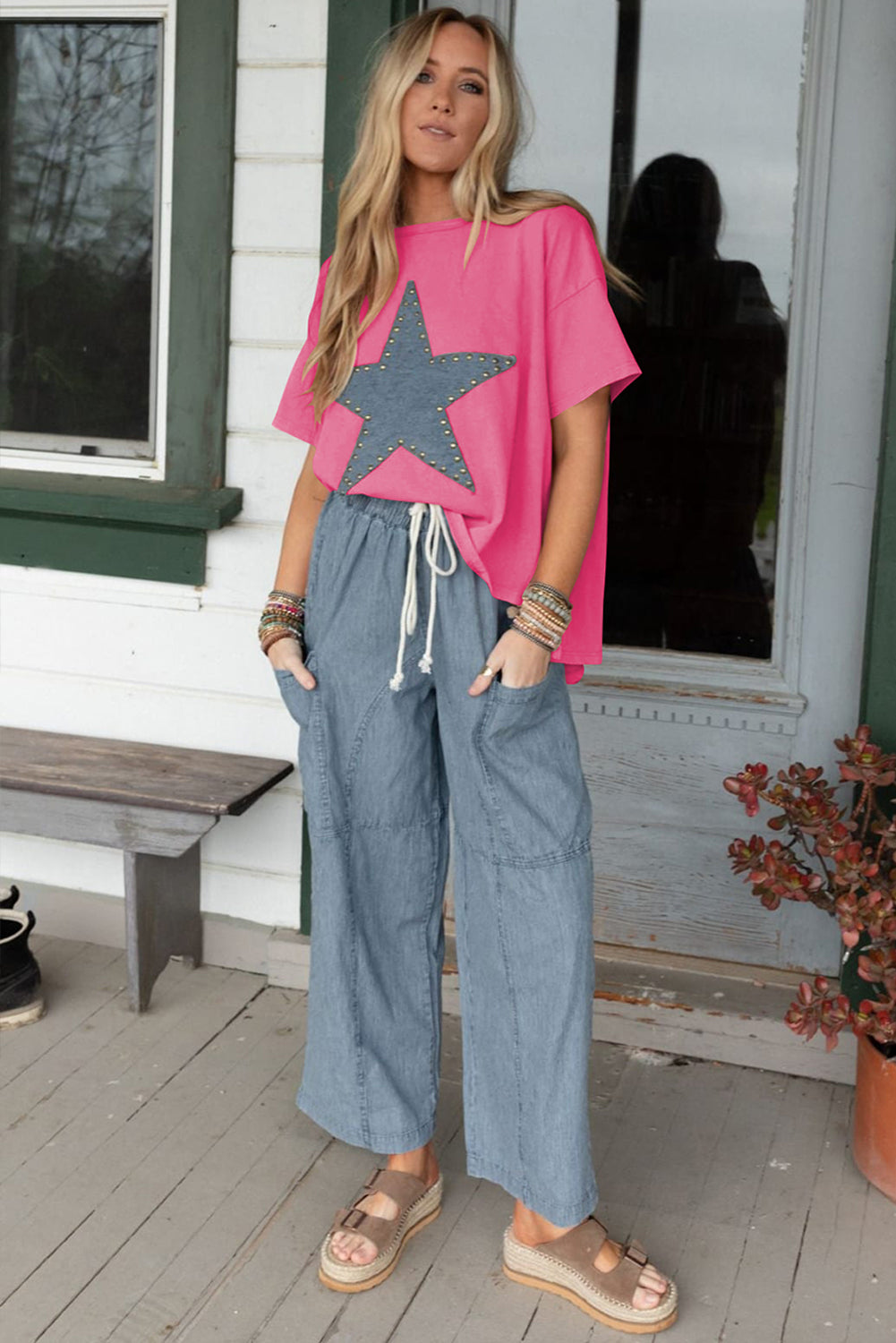 Sachet Pink Mineral Wash Studded Star Patch Graphic High Low Tee Pre Order Tops JT's Designer Fashion