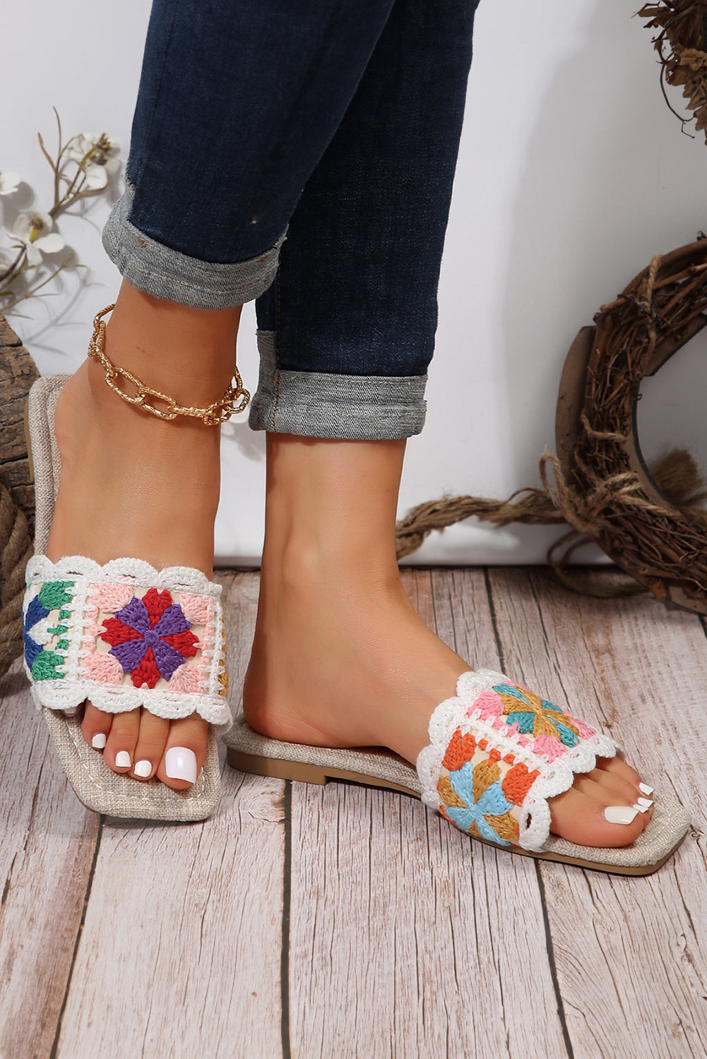 White Crochet Square Toe Flat Slippers Slippers JT's Designer Fashion