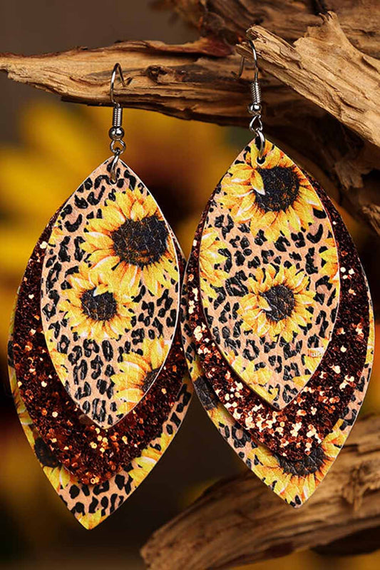 Leopard Sunflower Golden Sequined Leaf Multi-Layered Leather Earrings Jewelry JT's Designer Fashion