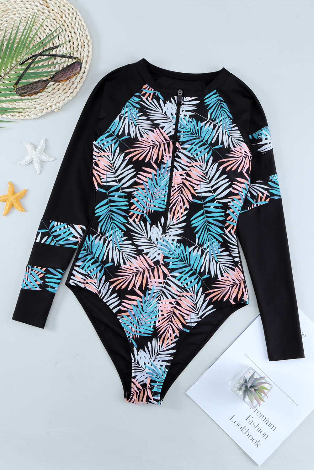 Sky Blue Leaves Print Zip-up Long Sleeve Surf Rash Guard Swimwear Rash Guards JT's Designer Fashion