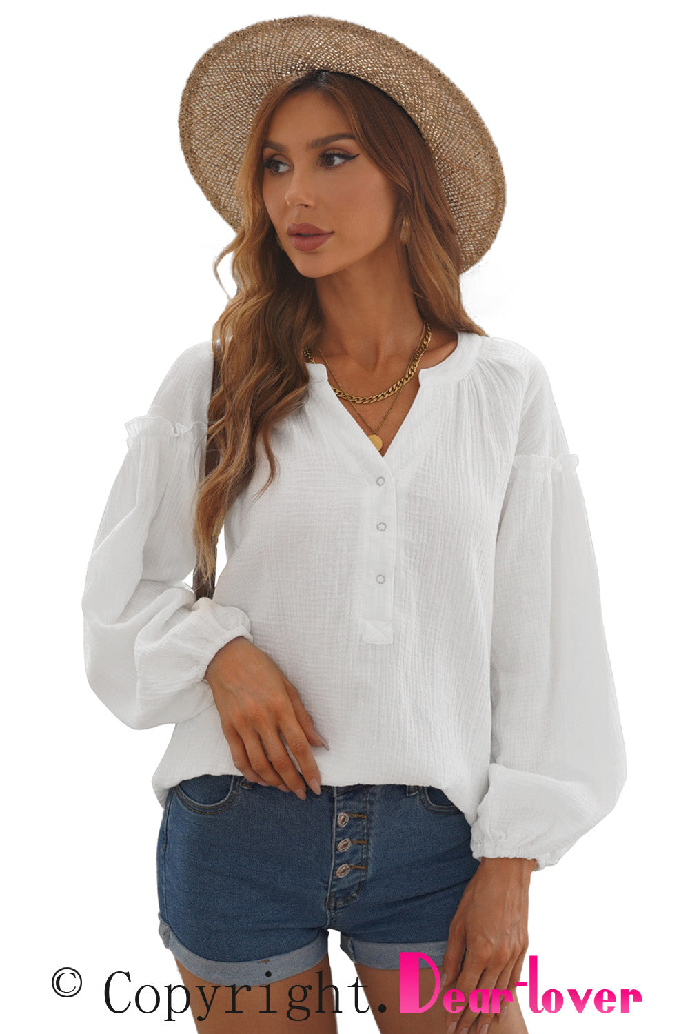 White Casual Balloon Sleeve Crinkled Top Long Sleeve Tops JT's Designer Fashion