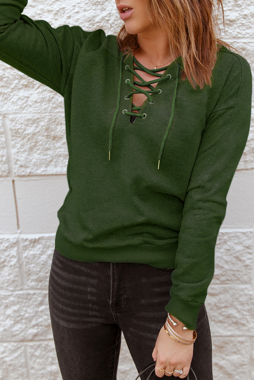 Green Casual Solid Color Lace-up Hoodie Sweatshirts & Hoodies JT's Designer Fashion