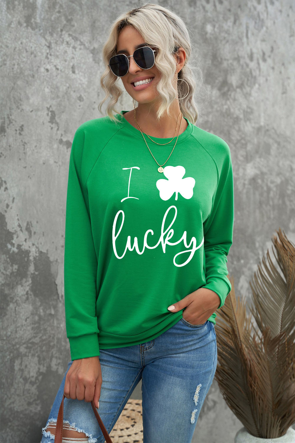 Green St Patrick Luck Clover Graphic Print Sweatshirt Graphic Sweatshirts JT's Designer Fashion