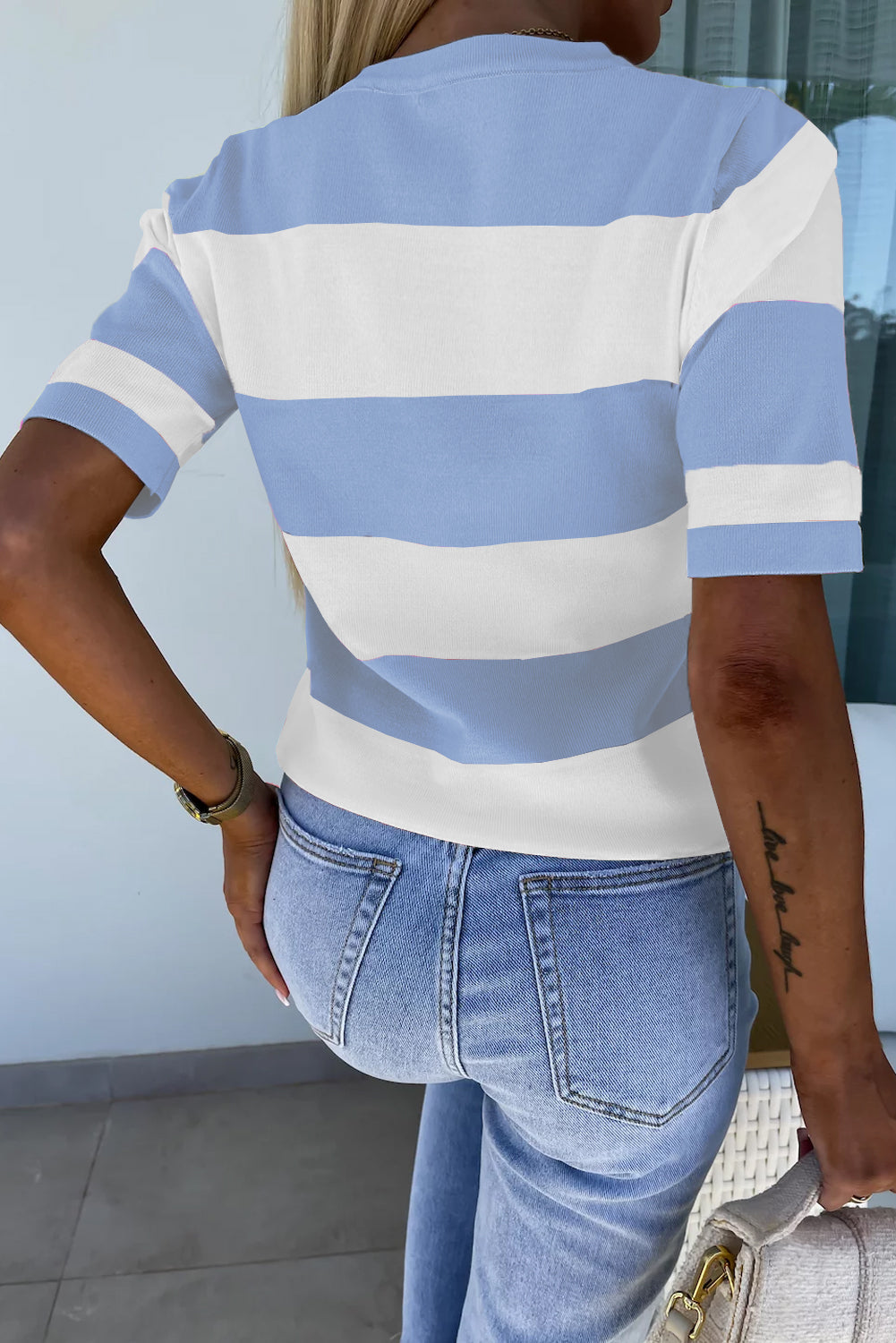 Sky Blue Stripe Colorblock Striped Knitted T shirt Pre Order Sweaters & Cardigans JT's Designer Fashion