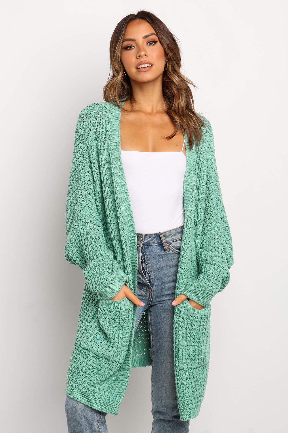Green Long Line Open Front Knitted Cardigan with Pockets Sweaters & Cardigans JT's Designer Fashion