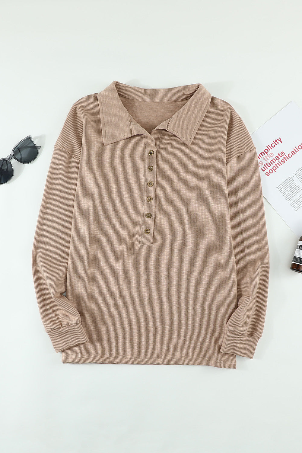 Khaki Button Front Turn-down Neck Knit Top Long Sleeve Tops JT's Designer Fashion