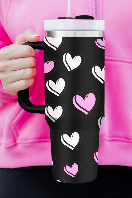 Black Valentines Heart Printed Thermos Cup with Handle Tumblers JT's Designer Fashion