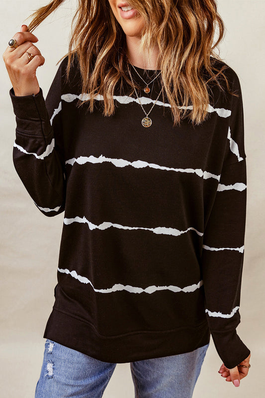 Black Striped Abstract Long Sleeve Casual Sweatshirt Sweatshirts & Hoodies JT's Designer Fashion