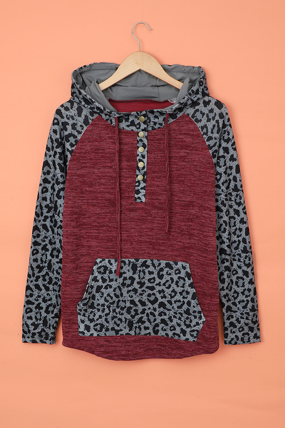 Color Block Leopard Long Sleeves Wine Hoodie Sweatshirts & Hoodies JT's Designer Fashion