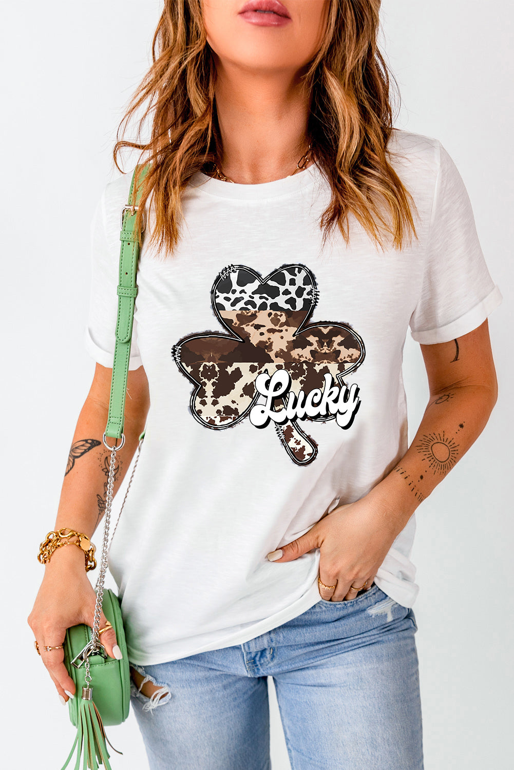 White Leopard Clover Lucky Graphic St. Patrick Graphic Tees JT's Designer Fashions Day Tee Graphic Tees JT's Designer Fashion