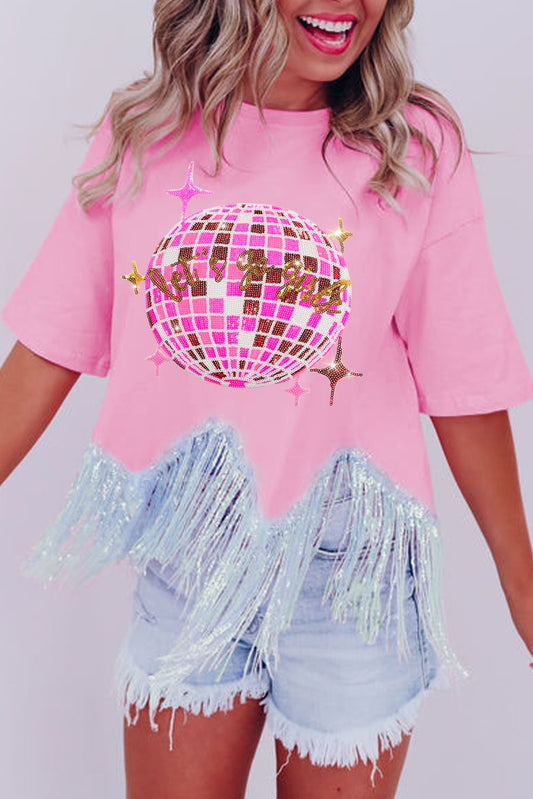 Pink Disco Ball Sequin Asymmetric Fringed Crewneck T Shirt Graphic Tees JT's Designer Fashion