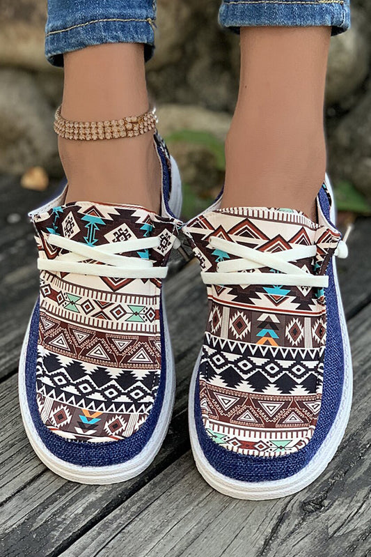 Ashleigh Blue Vintage Aztec Patchwork Lace-up Decor Flat Shoes Women's Shoes JT's Designer Fashion
