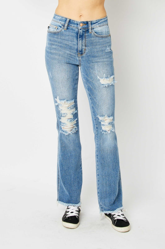 Judy Blue Full Size Distressed Raw Hem Bootcut Jeans Medium Jeans JT's Designer Fashion