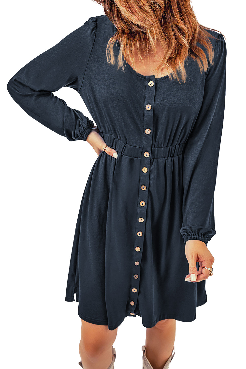 Dark Blue Button Up High Waist Long Sleeve Dress Midi Dresses JT's Designer Fashion