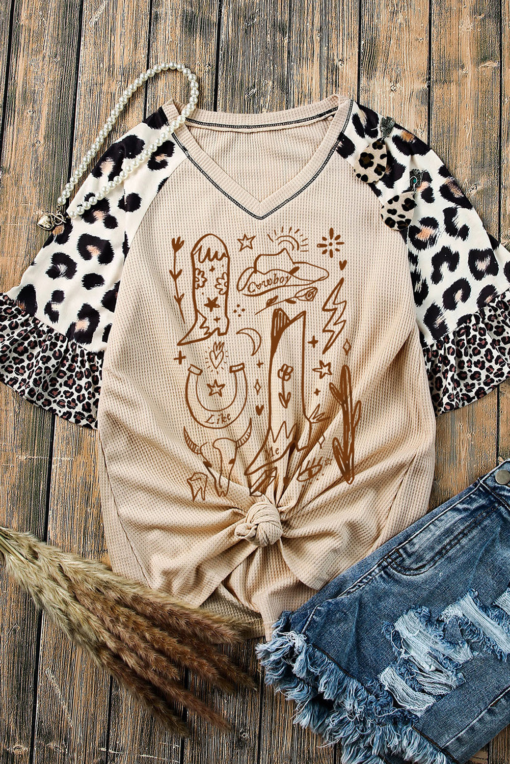 Khaki Western Pattern Leopard Patchwork Waffle Knit T Shirt Graphic Tees JT's Designer Fashion