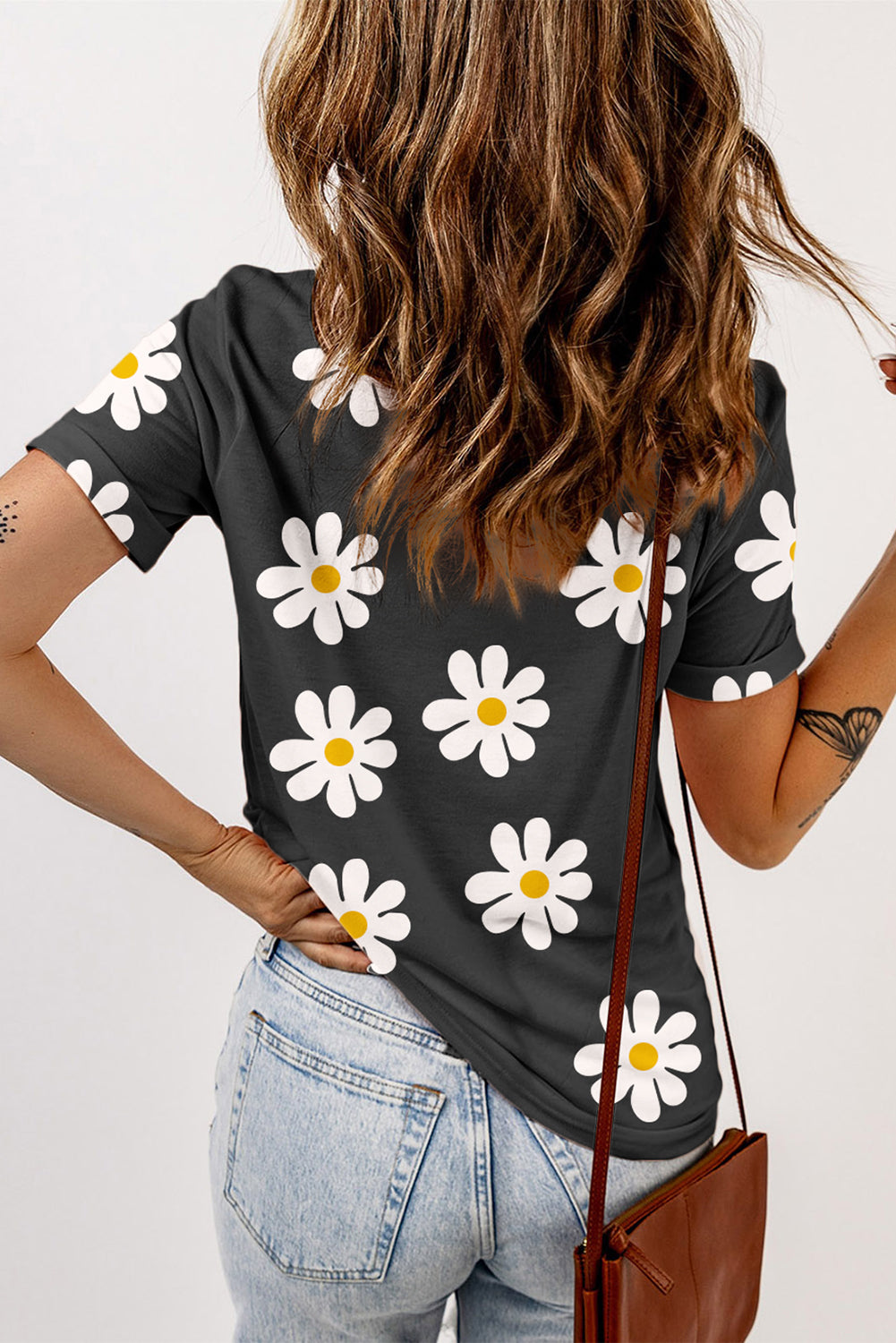 Black Daisy Printed Crewneck T Shirt Pre Order Tops JT's Designer Fashion