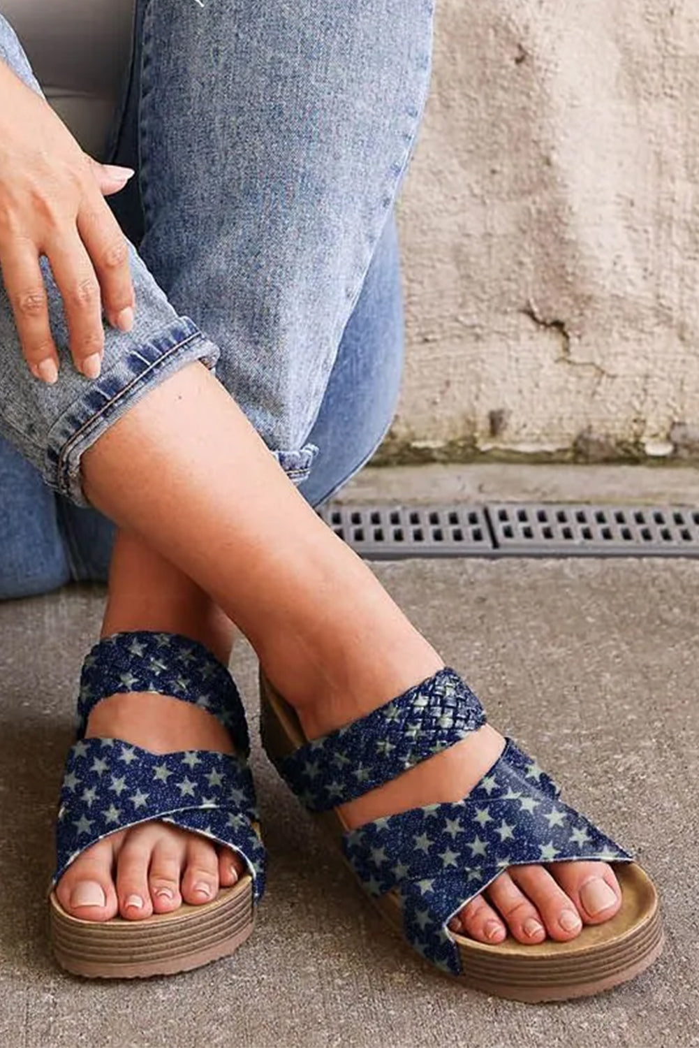 Real Teal Star Print Suede Cross Straps Platform Slippers Slippers JT's Designer Fashion