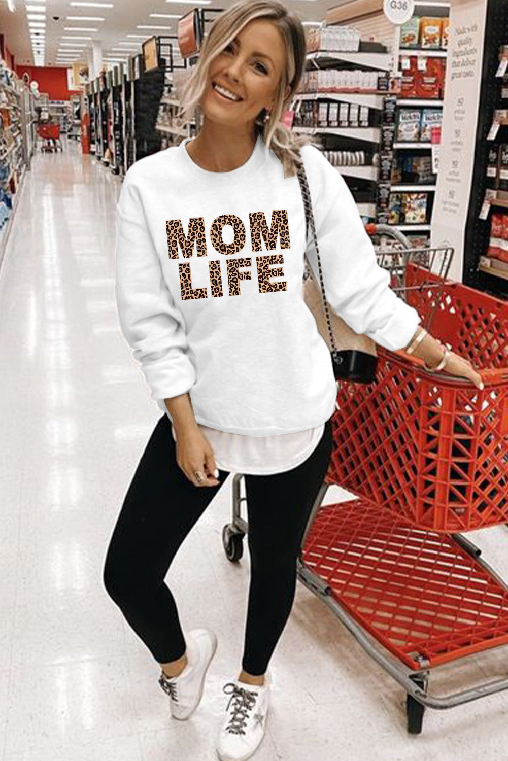 White MOM LIFE Leopard Print Long Sleeve Pullover Sweatshirt Graphic Sweatshirts JT's Designer Fashion
